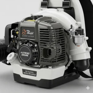 Close-up of the durable 4-stroke engine on a backpack blower, highlighting its quiet operation and lack of oil and gas mixing. This powerful engine delivers superior performance.