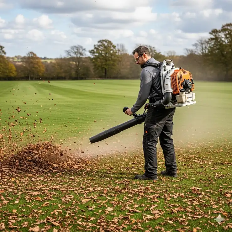 A man wearing a professional-grade 4 stroke backpack blower while clearing leaves and debris from a large lawn. This lightweight, powerful yard tool is perfect for landscaping professionals and homeowners.