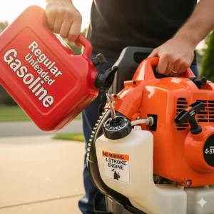 A user filling the gas tank of a 4 stroke backpack blower with regular unleaded gasoline, emphasizing the simplicity of not having to mix gas and oil. This saves time and effort.