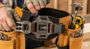 An image demonstrating the adjustable waist strap and buckles on a framer's tool belt, ensuring a comfortable and customizable fit for different body types.