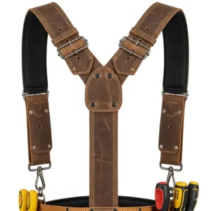 Close-up of the adjustable shoulder straps on a suspender-style leather electrician tool belt, designed to distribute weight evenly and reduce back strain.