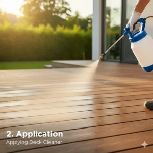 A visual guide to correctly applying the specialized best composite deck cleaner product using a garden pump sprayer.