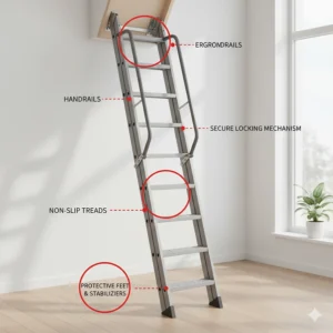 An image highlighting key safety features of a quality attic ladder, including handrails, non-slip treads, and a secure locking mechanism.