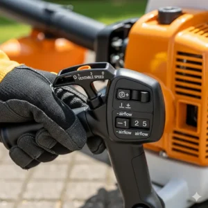 A hand holding the throttle and controls of a 4 stroke backpack blower, illustrating the easy-to-use variable speed settings for precise airflow. The controls are conveniently located for a comfortable grip.