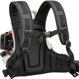 An ergonomic, padded harness on a 4 stroke backpack blower, showing the adjustable straps and back padding designed for comfort during extended use. This feature reduces user fatigue.