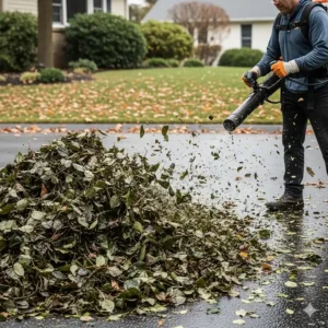 The powerful air stream of a 4-stroke backpack blower blowing away a large amount of wet leaves, demonstrating its high velocity and impressive air volume. It shows the blower's capability to move heavy, wet debris.