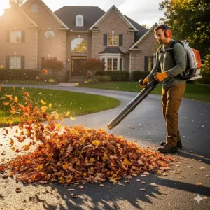 A homeowner using a 4-stroke backpack blower to efficiently clear a large pile of autumn leaves from their driveway. The powerful airflow makes quick work of yard cleanup.