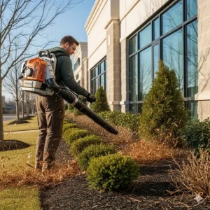 A landscape professional using a 4-stroke backpack blower to clear stubborn pine needles from a commercial property's flower beds. This high-performance blower is ideal for tough debris.