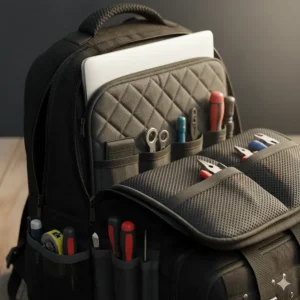 The interior of a tool pouch backpack with a dedicated, padded compartment designed to safely hold a laptop or tablet.