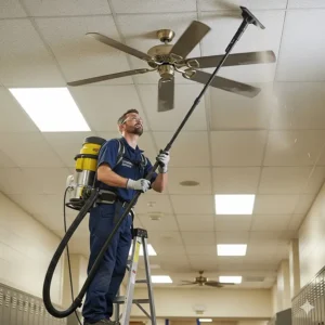 A janitor using an extended wand from a commercial backpack vacuum to clean a high ceiling fan in a school.