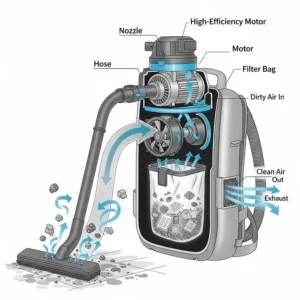 A diagram illustrating the powerful airflow and suction power of a commercial-grade backpack vacuum cleaner. The graphic demonstrates how the motor efficiently pulls dirt and debris from various surfaces.