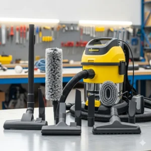 A variety of interchangeable attachments and tools for a backpack vacuum, including a crevice tool, dusting brush, and upholstery nozzle. This showcases the vacuum's multiple functions for different cleaning tasks.