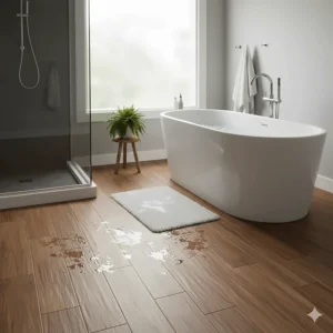 A luxurious bathroom setting with moisture-resistant waterproof engineered hardwood flooring.