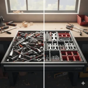 A side-by-side comparison of a cluttered tool chest drawer and the same drawer after being organized with a tool drawer organizer. This visually demonstrates the benefits of using an organization system.