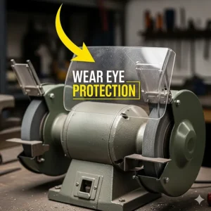 A bench grinder with an arrow pointing to the safety shield and a text overlay emphasizing the importance of eye protection.