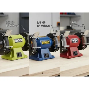 A side-by-side comparison of different benchtop grinders, highlighting key features like motor size, wheel diameter, and brand names.