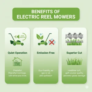 Infographic illustrating the benefits of an electric reel mower, including quiet operation, emission-free power, and a superior scissor-like cut for turf health.