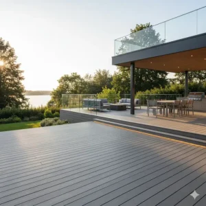 A stunning, low-maintenance best composite decking installation on the back patio of a modern home, showing off a beautiful gray color.