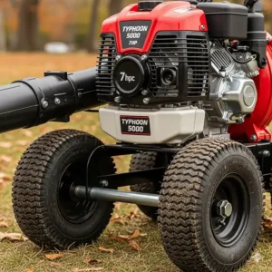 A close-up shot of the best rolling leaf blower showing its powerful engine and large wheels, ideal for clearing large yards.