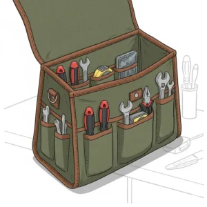 A close-up view of the interior compartments of a canvas tool bag, highlighting the organizational features for tools.