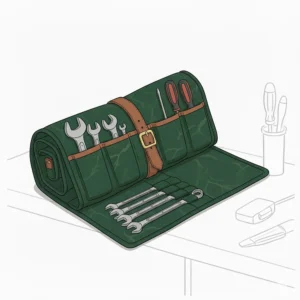 A flat canvas tool bag that can be rolled up, perfect for organizing and protecting a set of wrenches or screwdrivers.