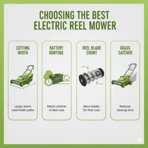A graphic detailing the factors to consider when choosing the best electric reel mower, such as cutting width, battery runtime, and reel blade count.
