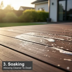 Close-up showing the composite deck cleaner solution soaking into the surface, allowing for the proper dwell time to break down stains.
