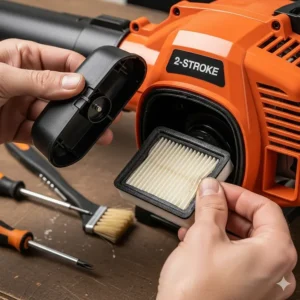 A detailed photo showing how to clean or replace the air filter on a 2-stroke leaf blower for optimal performance.