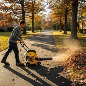 A person efficiently clearing a long, paved driveway of leaves and debris using a gas push leaf blower, highlighting its power and speed.