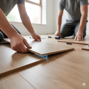 Hands installing a laminate plank using the click-lock system, emphasizing the easier DIY installation method for laminate versus the complex subfloor prep required for hardwood.