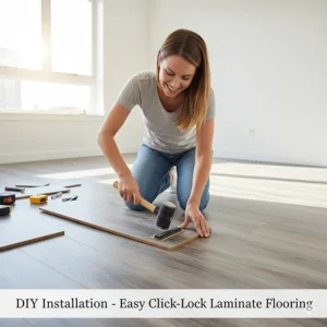 A homeowner easily installing laminate click-lock floor planks, showcasing its DIY-friendly installation.
