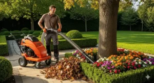 A professional landscaper uses a flexible hose attachment on a commercial leaf vacuum to reach leaves in tight spaces and flower beds.