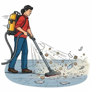 An illustration showing the powerful suction of a commercial backpack vacuum picking up dust and debris from a hard floor.