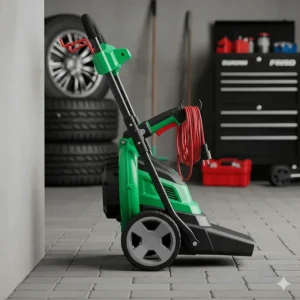 A visual of a rolling leaf blower with a foldable handle, showing its compact design that makes it easy to store in a garage or shed.