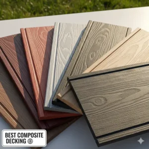 A vibrant display of the available color and texture options for the best composite decking products, including rich browns and modern grays.