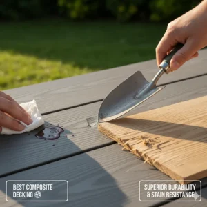 A person performing a scratch or stain test on a sample of the best composite decking, demonstrating its superior durability and resistance.