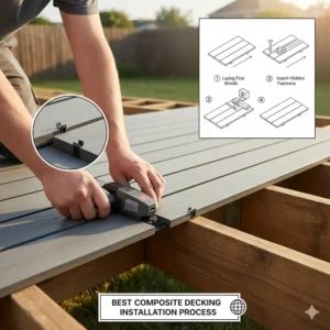 Diagram or step-by-step image of the secure, hidden fastening system used for installing the best composite decking boards.