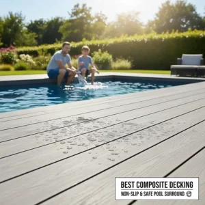 A sleek, moisture-resistant best composite decking surrounding an in-ground swimming pool, showing its non-slip and safe qualities.