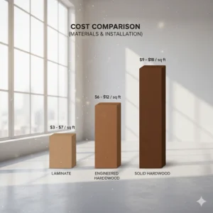 Bar chart comparing the average material and installation cost of engineered, hardwood, and laminate flooring options.