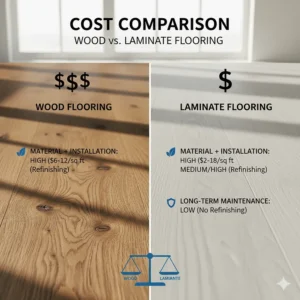 Infographic comparing the initial material and long-term maintenance costs for laminate flooring vs wood flooring options.