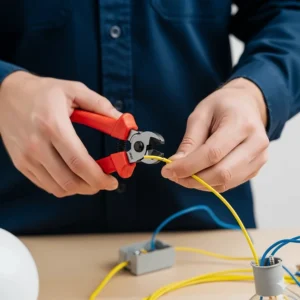 A person holding an electrical wire cutter tool, preparing to snip a wire for a DIY home lighting project.