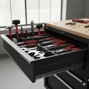 An illustration showing a tall, deep drawer organizer. This image demonstrates how to effectively organize larger tools, like hammers and pliers, in the deeper drawers of a tool chest.