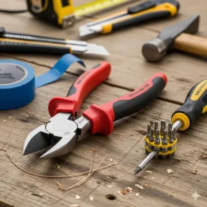 A pair of diagonal cutting pliers, a common type of electrical wire cutter, resting on a workbench next to various tools.