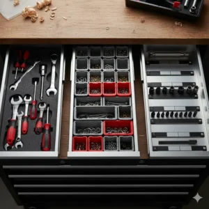 An illustration showing various types of tool drawer organizers, including foam inserts, plastic trays, and magnetic strips, highlighting the different options available to organize a tool chest.