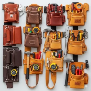 A variety of different leather electrician tool belts laid out, comparing different styles, sizes, and pouch configurations.