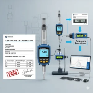 A graphic depicting the calibration certificate and process for a high-accuracy digital torque wrench to ensure precise measurements.