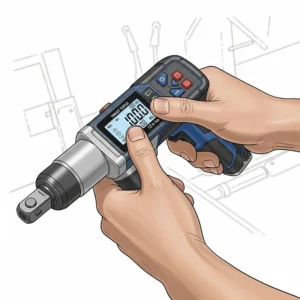 An illustration showing a user setting the target torque value on a 1/2-inch digital torque wrench before applying force.