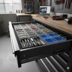 An image of a do-it-yourself (DIY) setup for creating custom tool box organizer drawers using foam inserts or 3D-printed trays.