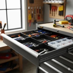 Illustration of adjustable drawer dividers for a tool box with organizer drawers, showing how they separate different tool sizes and types.