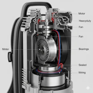 A cross-section of a commercial backpack vacuum motor, showcasing its durable and long-lasting internal components.